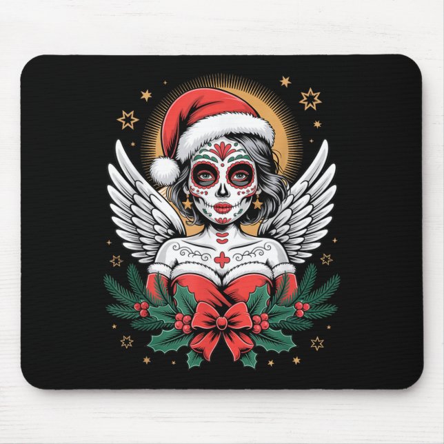Alfombrilla De Ratón Christmas Sugar Skull Art Woman Santa Hat Festive  (Frente)