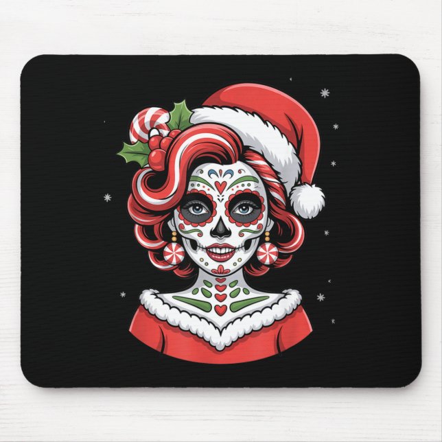 Alfombrilla De Ratón Christmas Sugar Skull Art Woman Santa Hat Festive  (Frente)