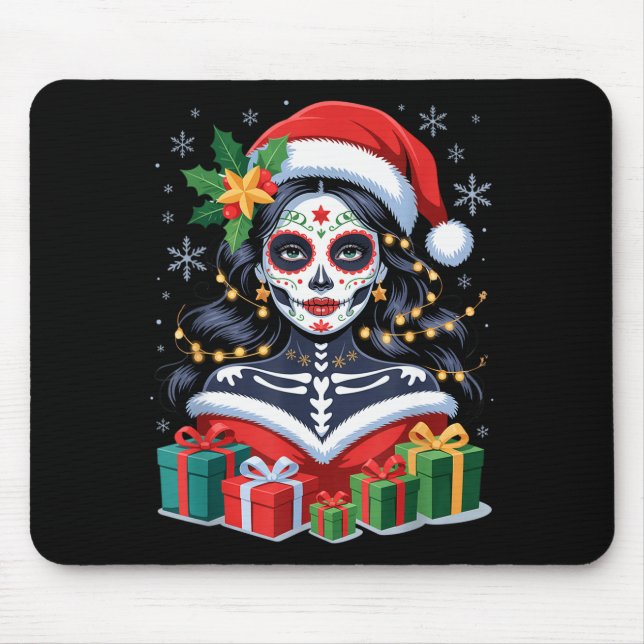 Alfombrilla De Ratón Christmas Sugar Skull Art Woman Santa Hat Festive  (Frente)