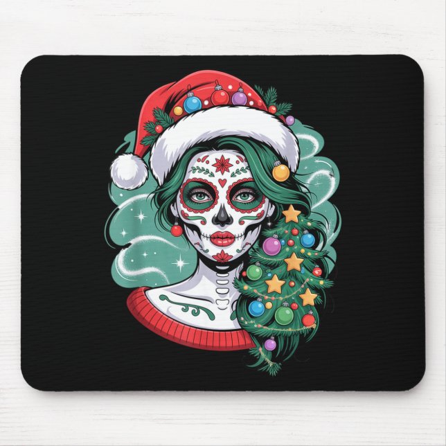 Alfombrilla De Ratón Christmas Sugar Skull Art Woman Santa Hat Festive  (Frente)