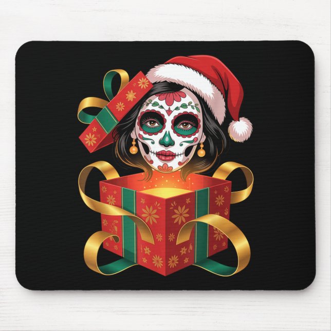Alfombrilla De Ratón Christmas Sugar Skull Art Woman Santa Hat Festive  (Frente)