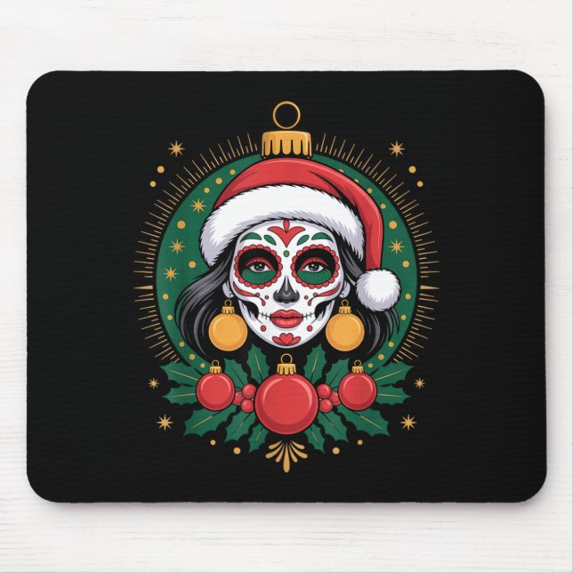 Alfombrilla De Ratón Christmas Sugar Skull Art Woman Santa Hat Festive  (Frente)