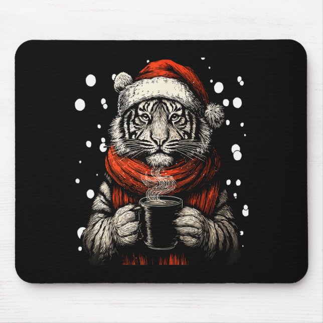 Alfombrilla De Ratón Christmas Tiger With Santa Hat Coffee Lover Funny  (Frente)