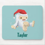 Alfombrilla De Ratón Christmas Yeti Doll in a Santa Hat Personalized<br><div class="desc">A festive mousepad with an illustration of a cute little Christmas yeti, toy doll, wearing a red santa hat. The little yeti has a pull string to make him talk and he is covered in soft white fur with light brown accents. Background is a retro green color. Personalize with a...</div>