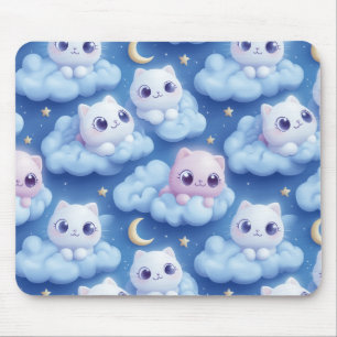 Alfombrilla De Ratón "Chubby Kawaii Gats and Clouds 3D Seamless Pattern