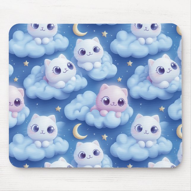 Alfombrilla De Ratón "Chubby Kawaii Gats and Clouds 3D Seamless Pattern (Frente)
