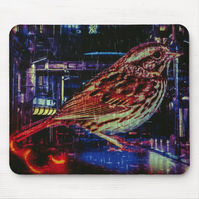Alfombrilla De Ratón Ciberpunk Sparrow en Neon Cityscape (Frente)