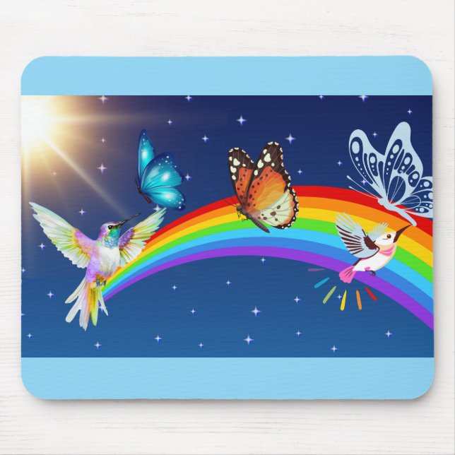 Alfombrilla De Ratón Cielo nocturno, dos pájaros, mariposas y arcoiris (Frente)