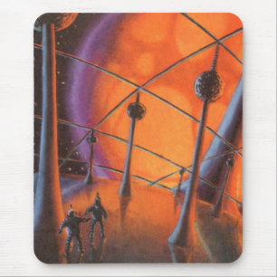 Alfombrilla De Ratón Ciencia ficción vintage, sol naranja y extraterres