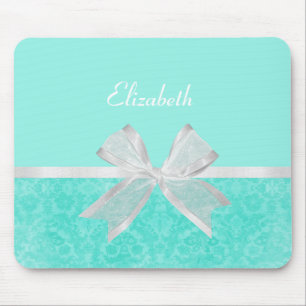 Alfombrilla De Ratón Cinta blanca de la aguamarina del damasco femenino