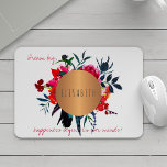 Alfombrilla De Ratón Círculo floral de cobre inspirando palabras y tu n<br><div class="desc">Elegante almohadilla para ratones de gafas elegantes con una hermosa acuarela de color bohemio pintada a mano rojo, rosa caliente y azul marino rosas y plumas ramo y con un círculo de aspecto metálico de cobre con tu nombre en el interior. Personalízalo con tu nombre y tu inspirador texto \...</div>