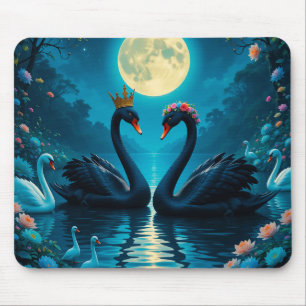 Alfombrilla De Ratón Cisnes negros elegantes bajo luna llena