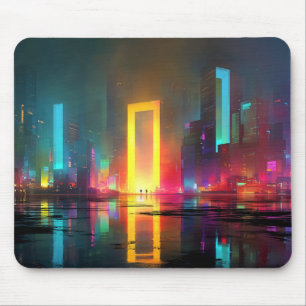 Alfombrilla De Ratón Ciudad futurista con portal de neón radiante