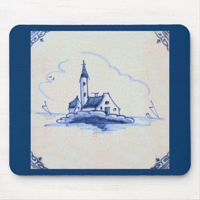 Alfombrilla De Ratón Clásica Antiquaria Delft Blue Tile - Iglesia (Frente)