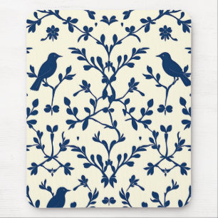 Alfombrilla De Ratón Clásico damasco de toile silueta de pájaro azul ma