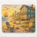 Alfombrilla De Ratón Coastal Beach House Sunset Sailing Scene Mouse Pad<br><div class="desc">Bring relaxed seaside charm to your workspace with this scenic mouse pad featuring a cozy beach house, a glowing sunset, gentle ocean waves, and a tall sailing ship in the distance. Adirondack chairs, striped umbrellas, dune grass, and circling seabirds add warm coastal detail to this inviting shorefront scene. The soft...</div>