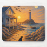 Alfombrilla De Ratón Coastal Lighthouse Cottage Sunset Cat Scene Mouse<br><div class="desc">Add a calm coastal mood to your workspace with this scenic mouse pad featuring a seaside cottage, glowing sunset, lighthouse, gentle ocean water, and a small cat watching the horizon. The artwork blends warm golden light with soft blue tones to create a peaceful nautical landscape full of charm and quiet...</div>