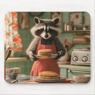Alfombrilla De Ratón Cocina retro con un chef de mapache que sirve panq
