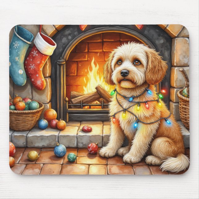 Alfombrilla De Ratón Cockapoo Sitting by Fireplace with Christmas Light (Frente)