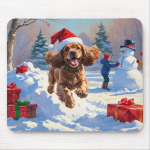 Alfombrilla De Ratón Cocker Spaniel corriendo en la nieve con sombrero 