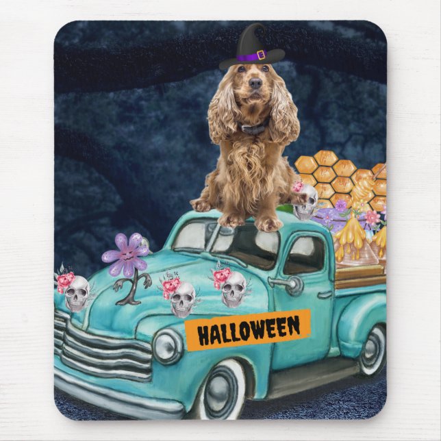 Alfombrilla De Ratón Cocker Spaniel Dog Halloween Truck Scary Night (Frente)