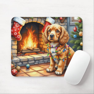 Alfombrilla De Ratón Cocker Spaniel junto a la chimenea con luces de Na