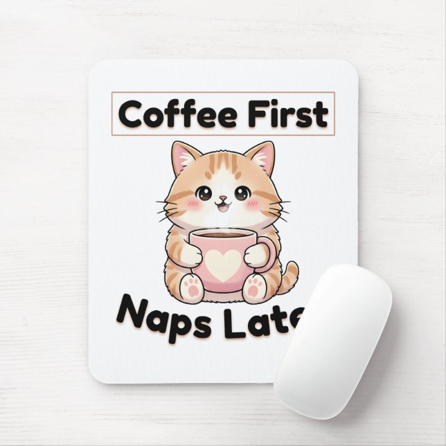 Alfombrilla De Ratón Coffee First Naps Later Cute Cat | Kawaii Coffee  (Con ratón)