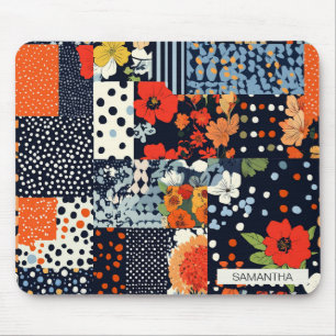 Alfombrilla De Ratón Colcha de patchwork floral de coral navy vintage