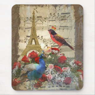 Alfombrilla De Ratón Colección de hojas de música de pájaros y París de