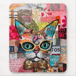 Alfombrilla De Ratón Collage de papel mixto de gato