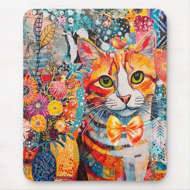 Alfombrilla De Ratón Collage de papel mixto de gato (Frente)