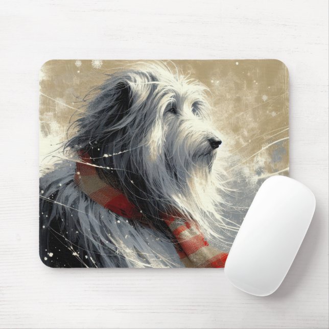 Alfombrilla De Ratón Collie con barba usando una bufanda de invierno a  (Con ratón)