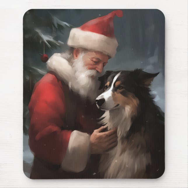 Alfombrilla De Ratón Collie fronterizo con Navidades festivos de Santa  (Frente)