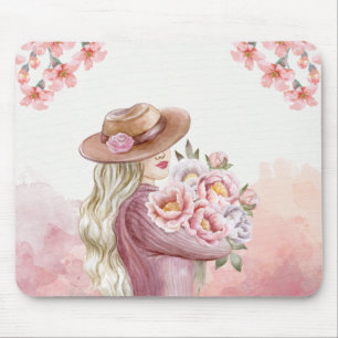 Alfombrilla De Ratón color blanco y rosa Vintage Lady Floral beau