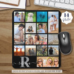Alfombrilla De Ratón Color del Personalizado de Collage de fotos Monogr<br><div class="desc">Cree un teclado de ratón para collage de fotos con 14 imágenes y personalizado con un monograma y un nombre en la elección de colores de fondo y estilos de fuente y colores. El ejemplo sugiere un fondo negro con un monograma clásico en gris plateado y un nombre de escritura...</div>