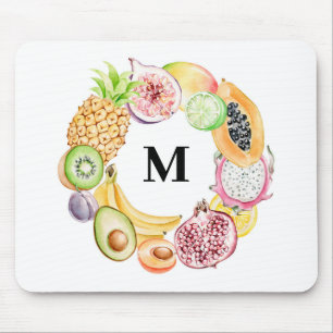 Alfombrilla De Ratón Colorida acuarela Tropical Fruta Wreath Monograma