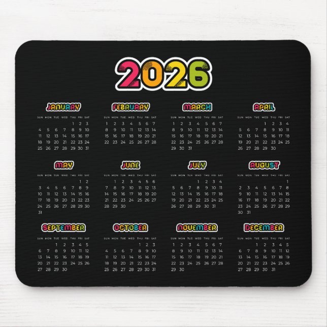 Alfombrilla De Ratón Colorido calendario negro 2025 (Frente)