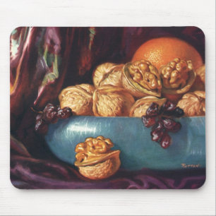 Alfombrilla De Ratón Comida vintage, nueces y fruta en un bol azul