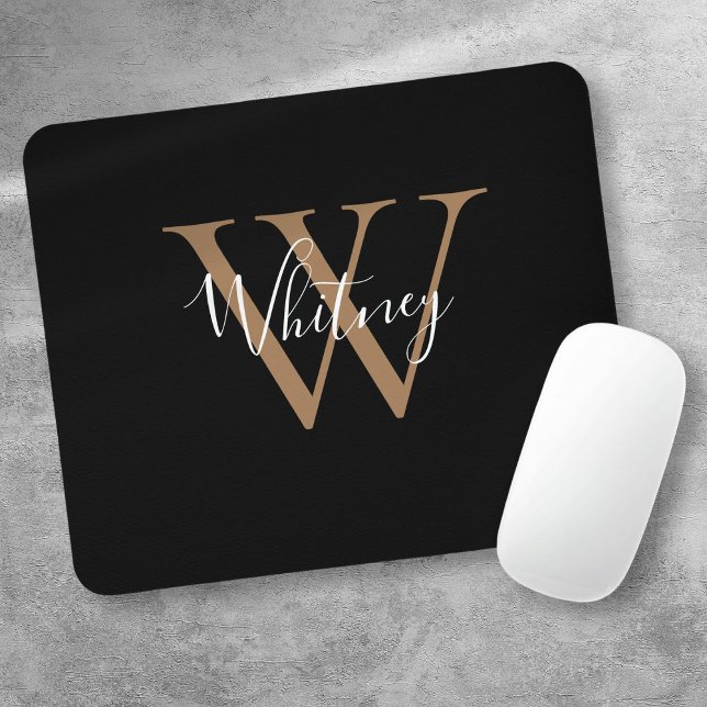 Alfombrilla de ratón con monograma de nombre con l (Elegant Black Gold Monogram Script Name Mouse Pad)