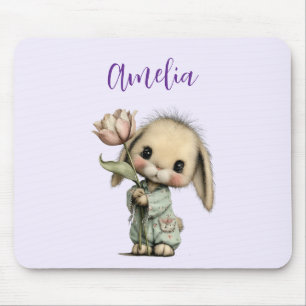 Alfombrilla De Ratón Conejito Lindo Sosteniendo un Tulipán