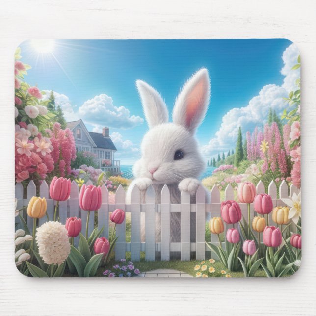 Alfombrilla De Ratón Conejo Blanco En un Jardín de Primavera (Frente)