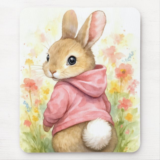 Alfombrilla De Ratón Conejo de acuarela con sudadera con capucha rosa (Frente)