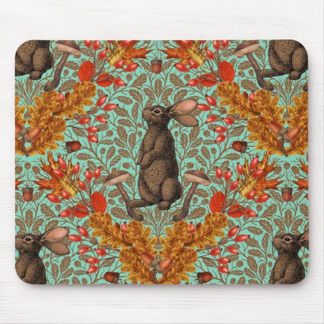 Alfombrilla De Ratón Conejo otoñal sobre verde claro (Frente)