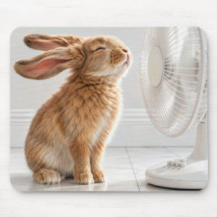 Alfombrilla De Ratón Conejo refrescándose frente a un ventilador blanco