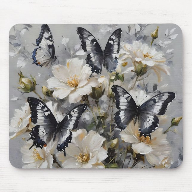 Alfombrilla De Ratón "Contraste Elegante: Mariposas Negras Y Blancas (Frente)
