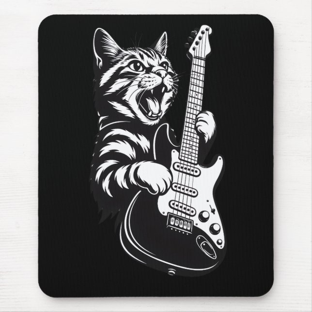 Alfombrilla De Ratón Cool Music Love | Rock Cat Playing Electric Guitar (Frente)