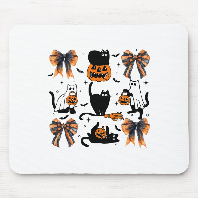 Alfombrilla De Ratón Coqueta de Halloween para gato negro dobla calabaz (Frente)