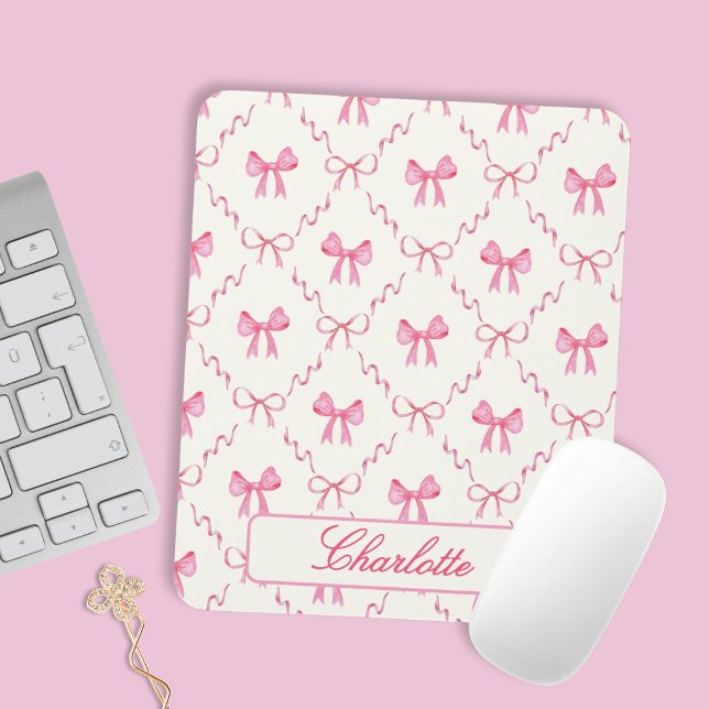 Alfombrilla De Ratón Coquette Pink Bow (sweet cute personalized pink bow coquette mousepad with custom name in elegant calligraphy script)
