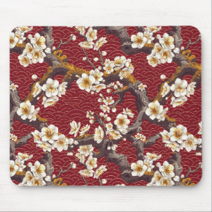 Alfombrilla De Ratón Coral Crema Flor de Ciruelo Japonés Patrón Burgund