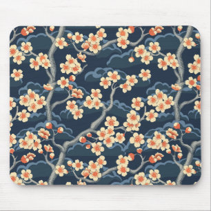 Alfombrilla De Ratón Coral Crema Sakura Azul Marino Patrón Floral